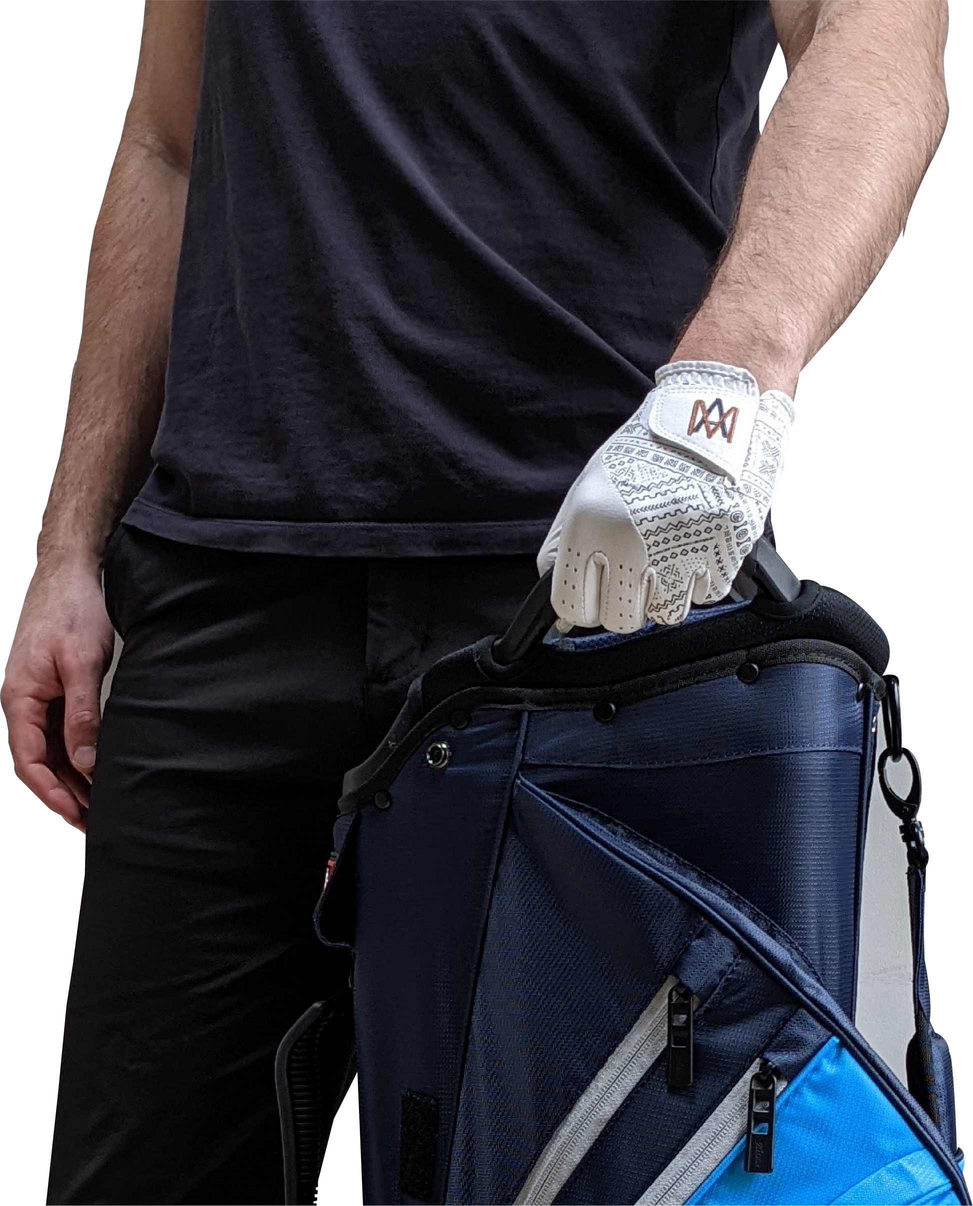 Lifestyle picture - The A.M. Tribe Golf Glove with Titleist cart bag and black polo shirt